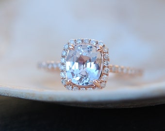 Natural White sapphire engagement ring. Alternative engagement ring sapphire. 14k rose gold diamond ring 2.1ct cushion sapphire ring