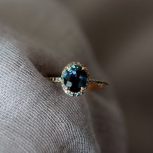 Blue Green sapphire ring. Peacock engagement ring. Oval Teal sapphire ring. 14k Rose gold engagement ring by Eidelprecious image 6