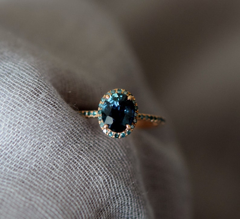 Blue Green sapphire ring. Peacock engagement ring. Oval Teal sapphire ring. 14k Rose gold engagement ring by Eidelprecious image 6