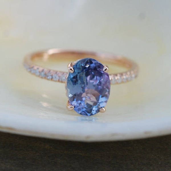 Tanzanite Ring. Rose Gold Engagement Ring 1.5ct Lavender Lilac Tanzanite oval cut engagement ring 14k rose gold.