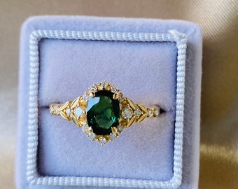 Forest Green sapphire engagement ring Kassandra. Vintage 14k Gold engagement ring. Green sapphire ring. Oval Sapphire by Eidelprecious