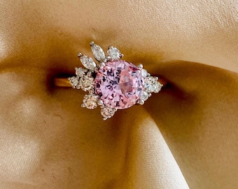 Unique pink sapphire and diamond cluster ring. Flower engagement ring for unconventional bride. Alternative engagement ring