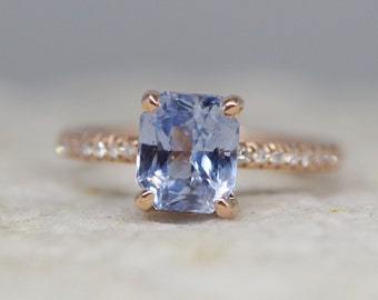 Sky blue sapphire engagement ring. 4.28ct emerald cut blue sapphire ring diamond ring 14k Rose gold ring Blake design by Eidelprecious.