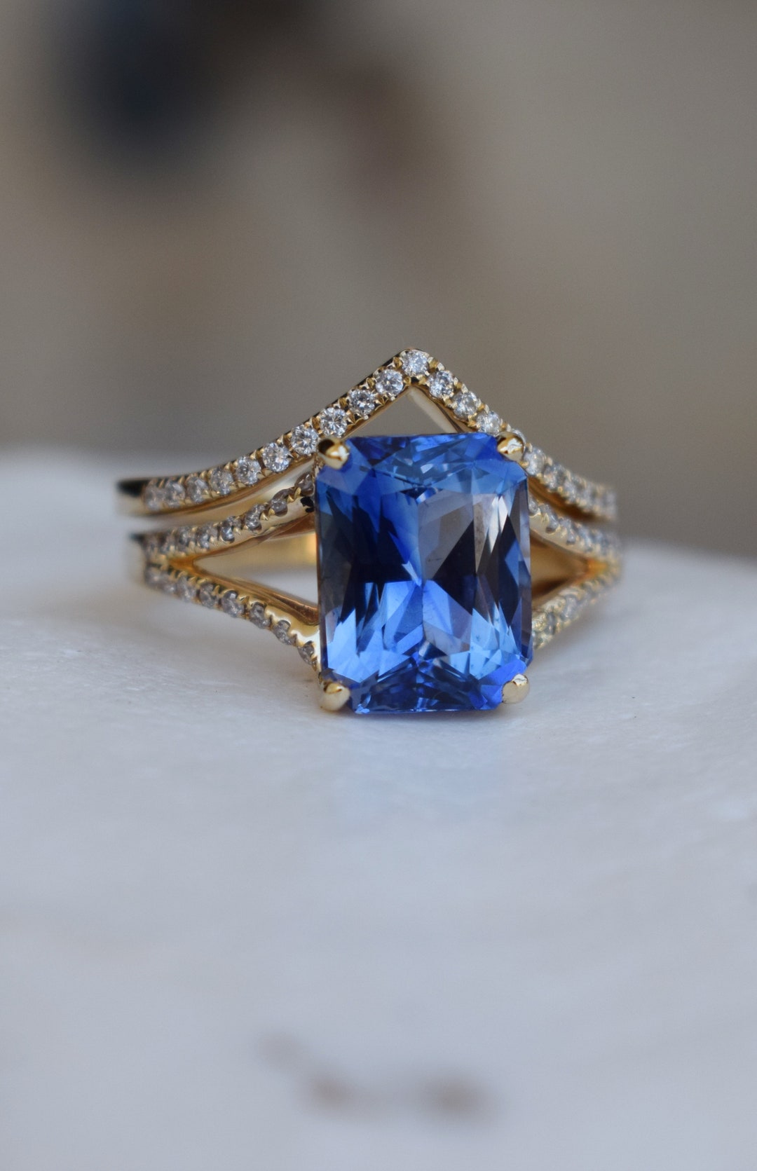 Ceylon Blue Sapphire Engagement Ring. Split Engagement Ring. Blue