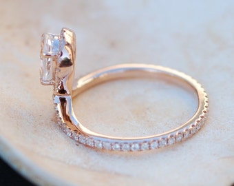 Chevron engagement ring. Pear Sapphire ring. COBRA ring 1.7ct pink sapphire diamond ring 14k rose gold full eternity.