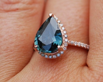 Rose Gold Engagement Ring Peacock Blue Green Sapphire 3ct  pear cut sapphire. halo engagement ring 14k rose gold b EidelPrecios