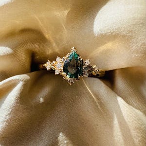 Dela Sage Green Sapphire diamonds Engagement Ring Gold. Green Pear cut Fantasy ring Unique cluster fairytale ring for romantic bride