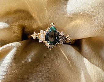 Dela Sage Green Sapphire diamonds Engagement Ring Gold. Green Pear cut Fantasy ring Unique cluster fairytale ring for romantic bride