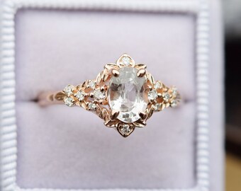 Arwen white sapphire engagement ring. LOTR Fantasy ring. Rose gold engagement ring. White sapphire and diamond ring by Eidelprecious