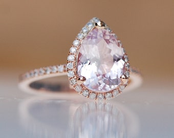 Peach Sapphire Engagement Ring: 2.55ct Pear Cut, 14k Rose Gold