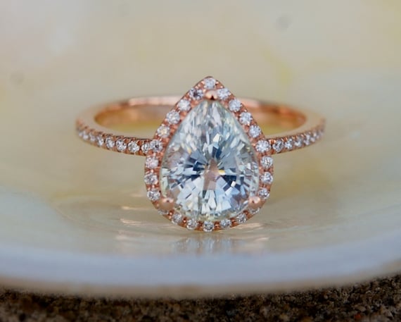 Pear Sapphire Engagement Ring: 2.4ct, Diamond Halo, 14k Rose Gold