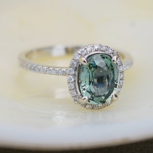 Green Sapphire Engagement Ring. Diamond Ring. 14k white gold ring. Engagement rings by Eidelprecious.