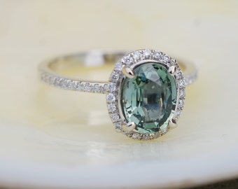 Green Sapphire Engagement Ring. Diamond Ring. 14k white gold ring. Engagement rings by Eidelprecious.