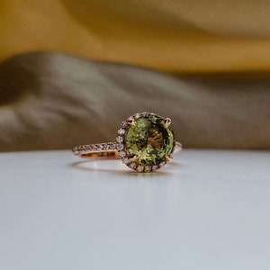 Olive green sapphire ring Round halo engagement ring rose gold Classic engagement ring with natural green sapphire diamonds Eidelprecious image 6