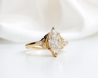 Unique Engagement Ring: Marquise Lab Diamond, 14k Gold, Fiore Beta Butterfly Design