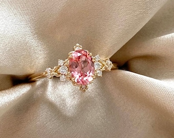 Dela Padparadscha sapphire ring. Fantasy ring. Whimsical gold engagement ring. Enchanted sapphire and moissanite diamond ring Eidelpreciou
