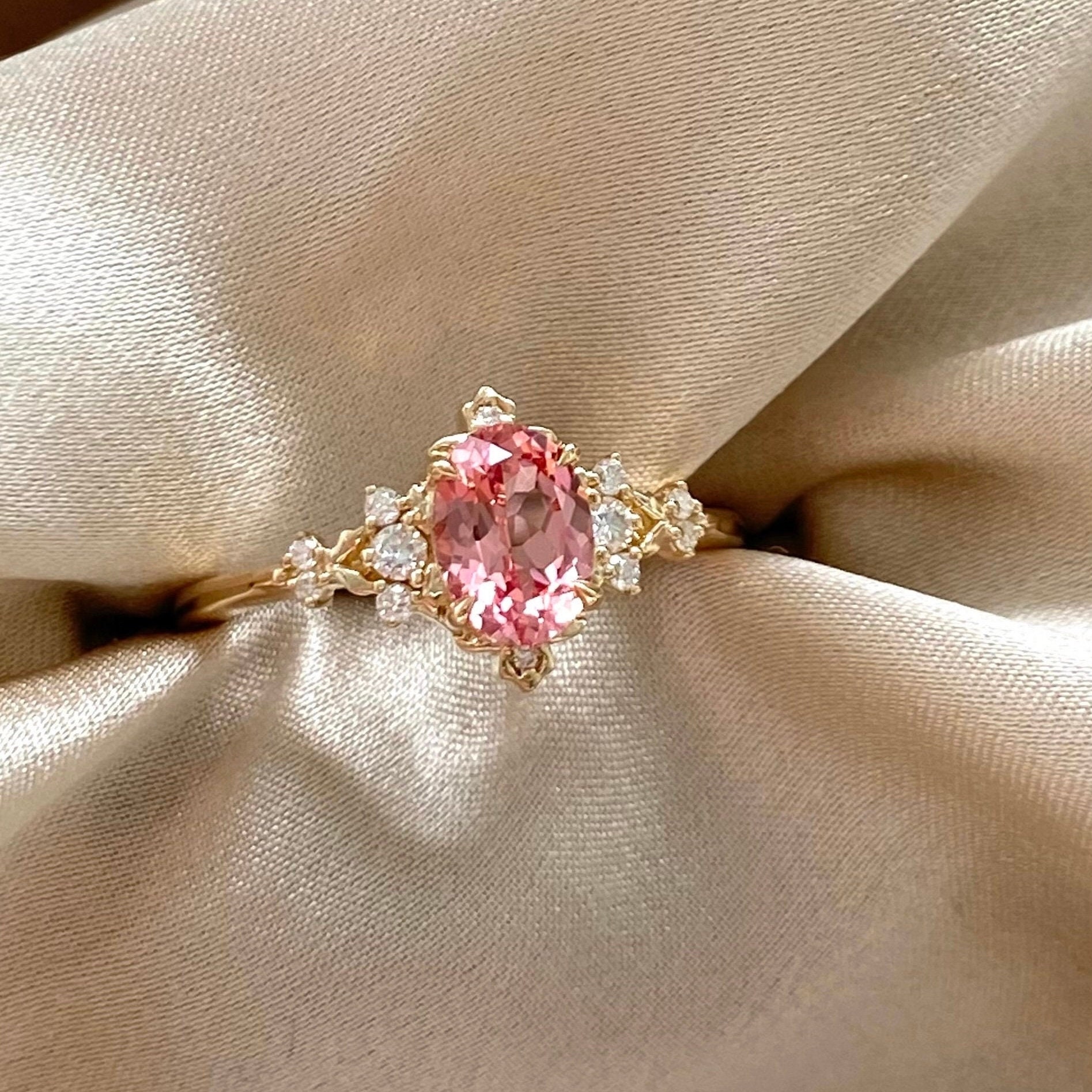 Dela Padparadscha sapphire ring. Fantasy ring. Whimsical gold engagement ring. Enchanted sapphire and moissanite diamond ring Eidelpreciou