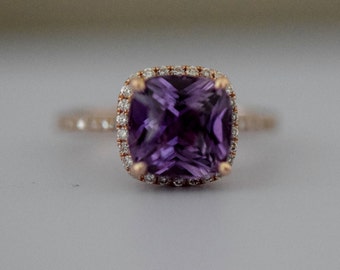 Purple Sapphire Ring Rose Gold Engagement Ring 14k diamond ring Mauve Purple Violet Cushion Sapphire 3.25ct sapphire ring by Eidelprecious