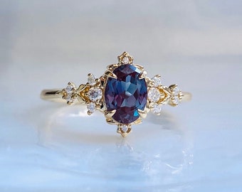 Dela  Alexandrite Ring Enchanted Engagement Ring Gold Whimsical LOTR Fantasy moissanite ring Unique 14k gold ring for romantic bride