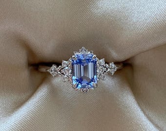 Dela Unique Engagement Ring Elven Blue Sapphire white gold ring. Fantasy inspired moissanite engagement ring. Whimsical Fairytale Ring.