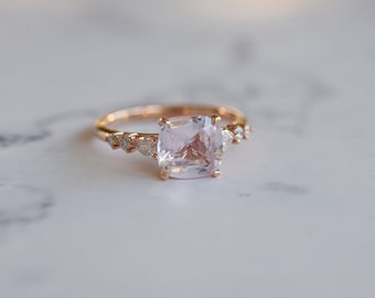 Cushion cut Blush Peach Sapphire Engagement Ring set. Cushion cut engagement ring. 14k rose gold diamond ring 3ct sapphire ring