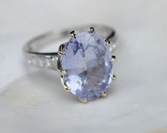 Light Lavender Grey Blue Sapphire Ring. 14k White Gold 5.5ct sapphire engagement ring by Eidelpresious. Chrysanthemum design.