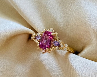 Arwen Pink sapphire engagement ring. Fantasy ring. 14k yellow Gold engagement ring. Purple and pink sapphire diamond ring by Eidelprecious