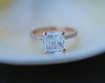 White Sapphire Engagement Ring. Asscher cut ring. Square ring. 14k rose gold ring. 2.2ct sapphire ring. Engagement rings by Eidelprecious