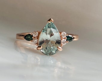 Mint sapphire ring with moss agate vibes Pear cut engagement ring Sapphire and diamond ring. Rose gold engagement ring Eidelprecious