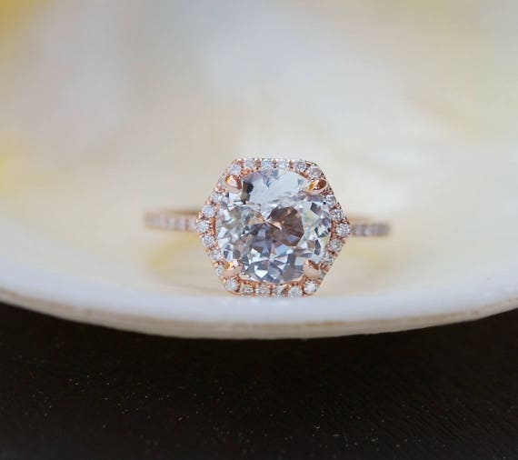 Hexagon Engagement Ring. White Sapphire Ring. 14k Rose Gold 2.2ct