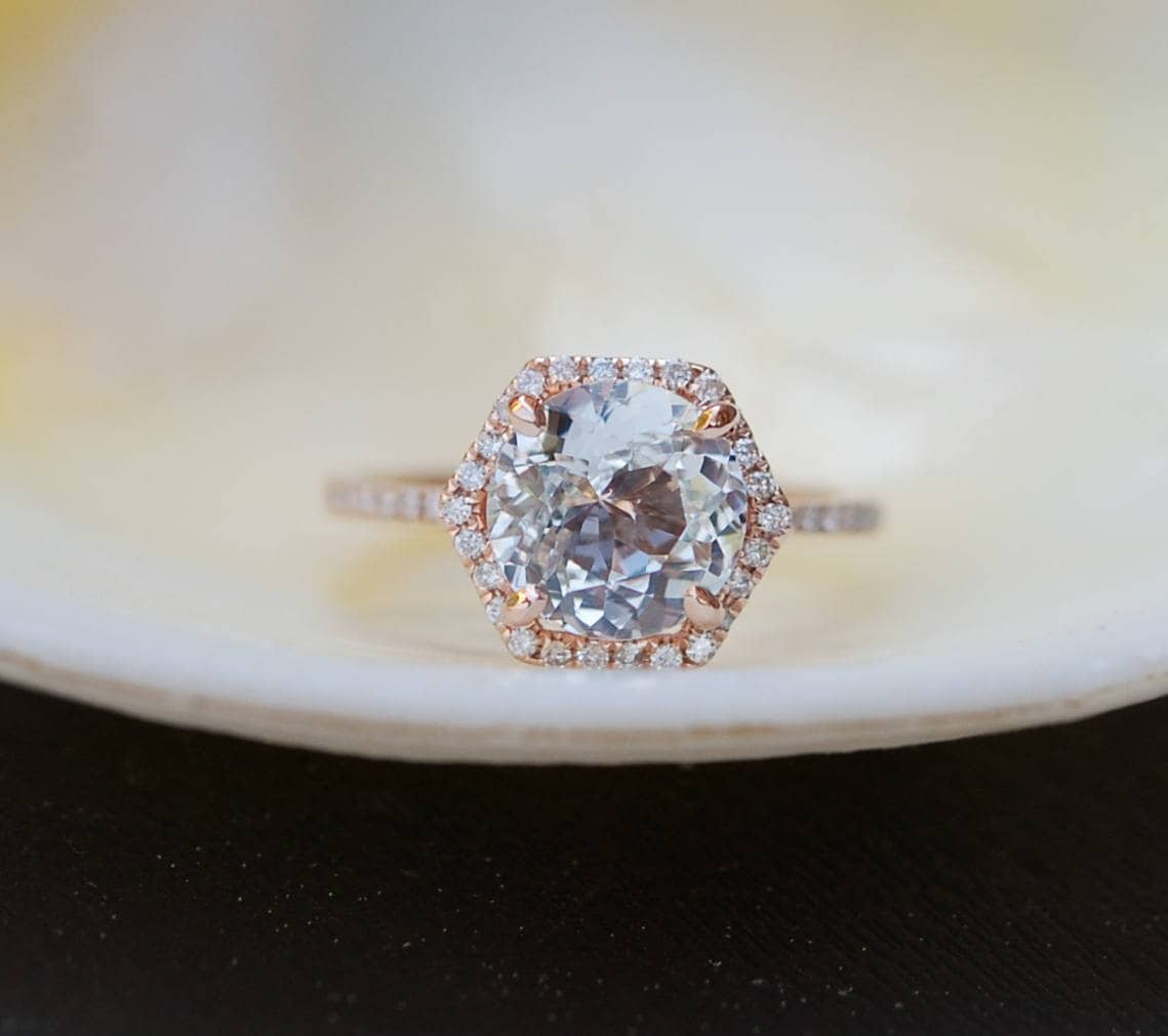 Hexagon Engagement Ring. White Sapphire Ring. 14k Rose Gold - Etsy