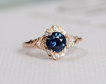 Galadriel blue sapphire engagement ring. LOTR Fantasy ring. Rose gold engagement ring. Blue sapphire and diamond ring by Eidelprecious