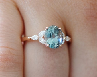 Mint sapphire engagement ring. Green blue sapphire ring 2.5ct oval diamond ring 14k Rose gold. Trillium Engagement ring Eidelprecious.