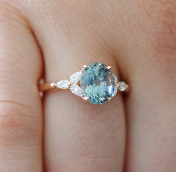 Mint Sapphire Engagement Ring. Green Blue Sapphire Ring 2.5ct Oval Diamond Ring 14k Rose Gold. Trillium Engagement Ring Eidelprecious. Etsy