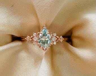 Dela Mint Moissanite Ring. Enchanted Engagement Ring Rose Gold Whimsical Fantasy moissanite ring Unique 14k gold ring for romantic bride