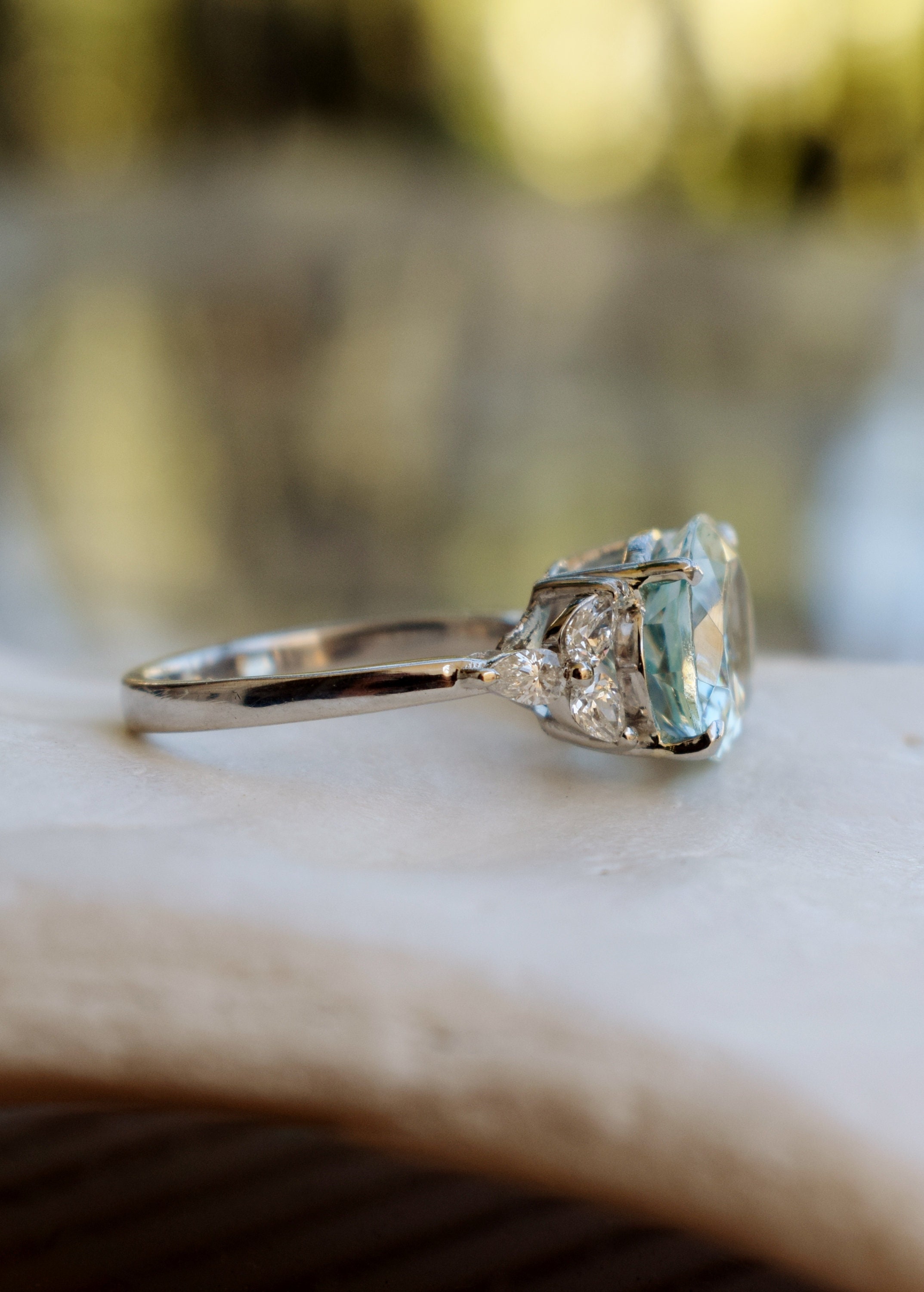 Platinum Aquamarine Engagement Ring. East west Engagement Ring
