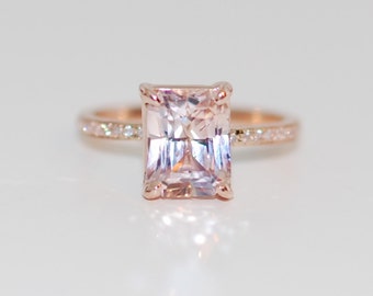 Blake Lively ring Peach Sapphire Engagement Ring emerald cut 14k rose gold diamond ring 4.4ct Peach champagne sapphire engagement ring