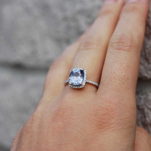 2.7ct blau grauer Saphir Ring: Diamant Halo, 14k Weißgold Verlobungsring