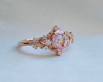 Greta Whimsical Engagement Ring Gold Peach sapphire ring. LOTR Fantasy sapphire diamond ring Enchanted floral butterfly ring EidelPrecios