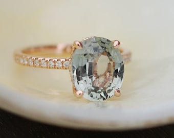 Green sapphire engagement ring. Blake Lively Sapphire Engagement Ring 14k Rose Gold 2.5ct Jasmine Oval Sapphire Ring