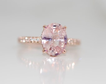 Rose gold engagement ring 2.2ct Peach sapphire diamond ring 14k rose gold oval sapphire no halo ring