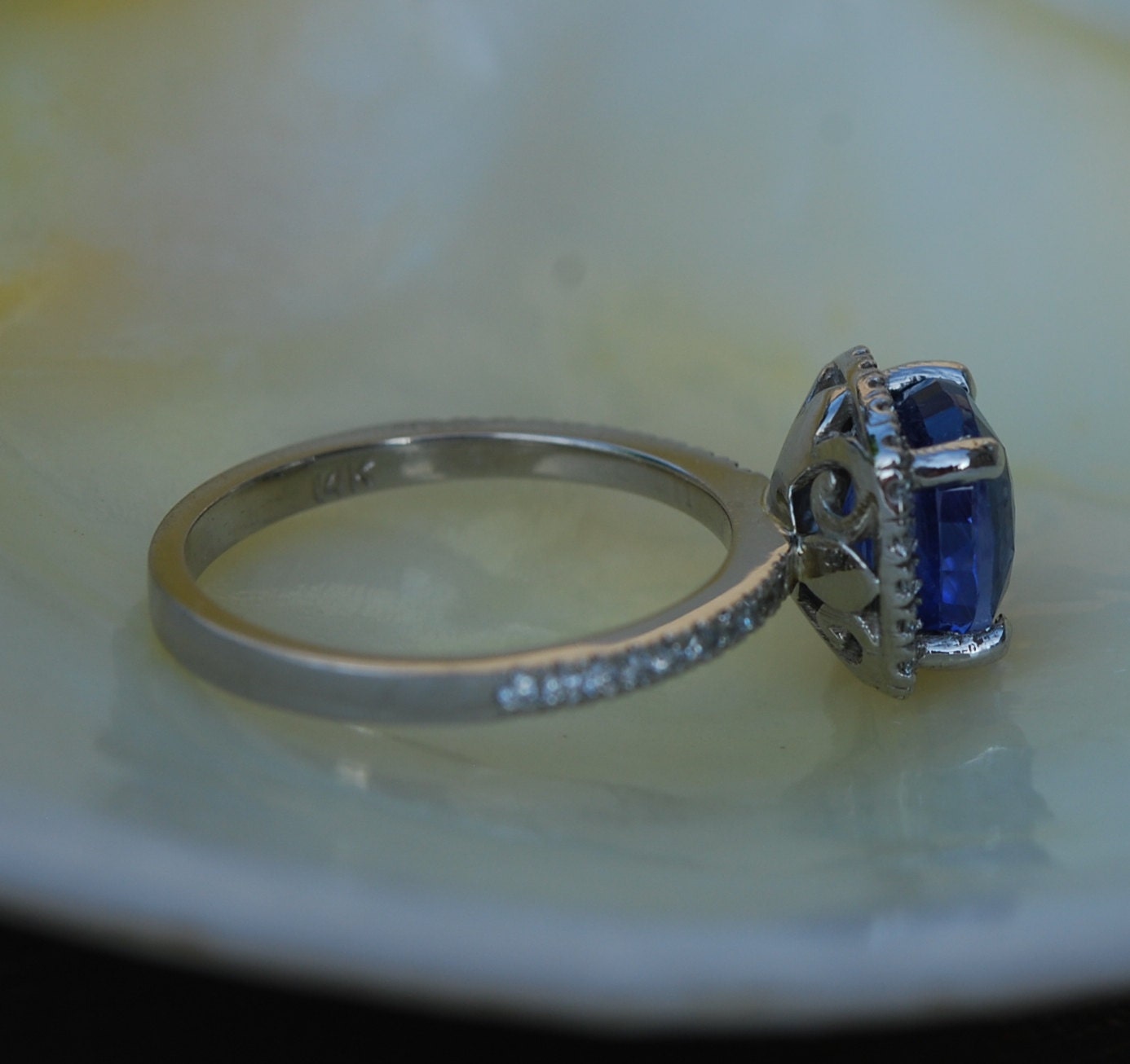 Blue Sapphire ring. White Gold Engagement ring. 3.1ct cushion sapphire ...