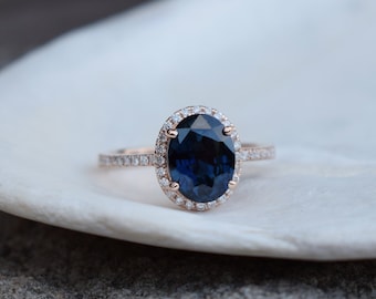 Oval Jet Blue Sapphire Engagement Ring. Rose Gold Engagement Ring 3CT blue sapphire ring. Rose gold engagement ring by Eidelprecious.