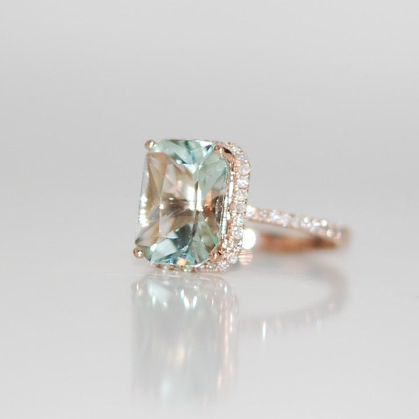 Large Aquamarine Ring in Rose Gold, 6ct Emerald cut aquamarine ring. Engagement or anniversary ring for an ocean lover by Eidelprecious