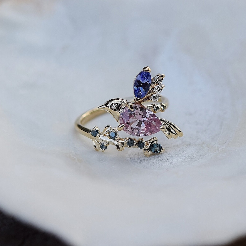 Hummingbird Sapphire Engagement Ring: 14k Gold Bird Lover Gift - Etsy