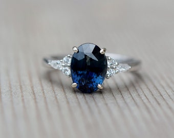 Navy sapphire engagement ring. Peacock blue green sapphire 4ct oval diamond ring 14k White gold. Campari Engagement ring by  Eidelprecious.