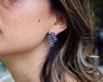 Blue sapphire earrings. Diamond cluster stud dangle earrings. Floral earrings. Cocktail earrings by Eidelprecious