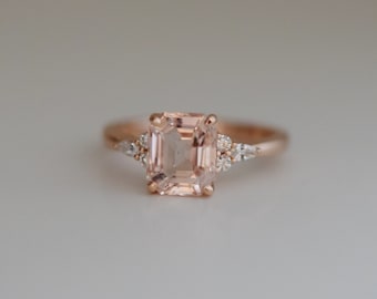 Engagement Ring Rose gold engagement ring Peach Sapphire ring Campari ring emerald cut Rose gold diamond ring