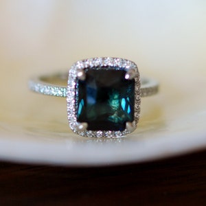 Peacock Green Sapphire ring. White Gold Engagement ring.  3.8ct cushion sapphire diamond ring. Engagement rings by Eidelprecious.