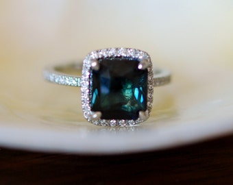 Peacock Green Sapphire ring. White Gold Engagement ring.  3.8ct cushion sapphire diamond ring. Engagement rings by Eidelprecious.